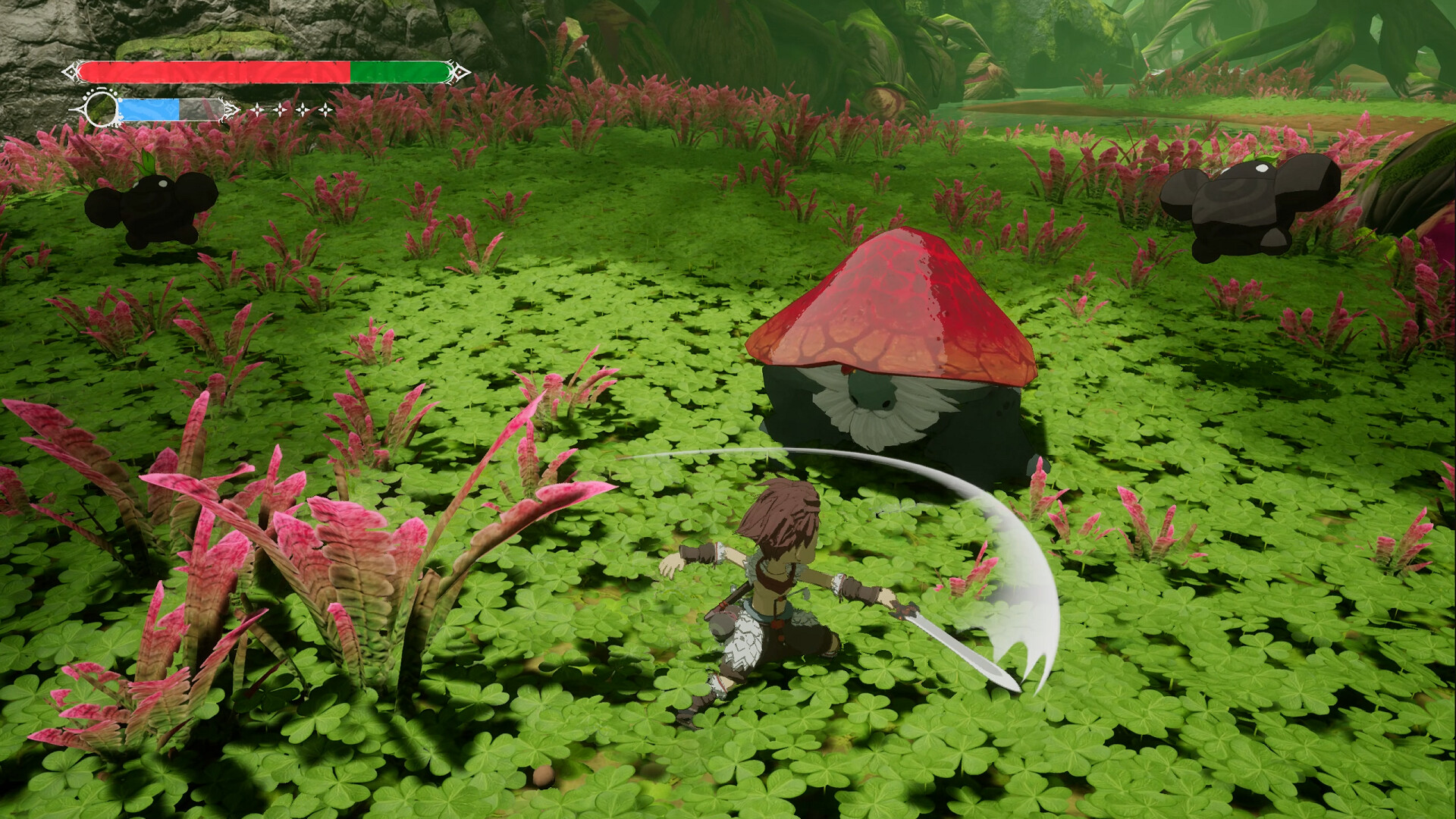 Winds of Viridia screenshot: the hero swinging a blade in a meadow of pink plants.