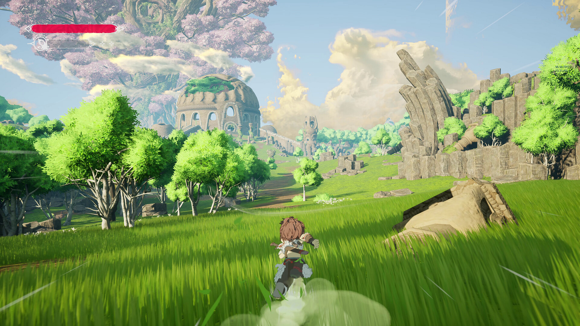 Winds of Viridia screenshot: running across open grassland toward ruins.